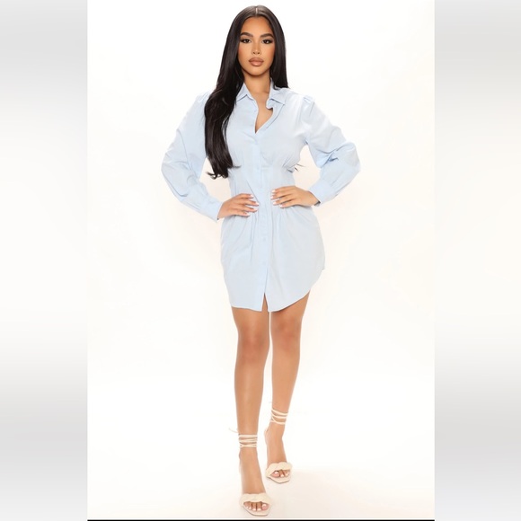 Fashion Nova NWT “Not Your Average Shirt Dress” Long sleeve Light blue button up - Picture 2 of 9